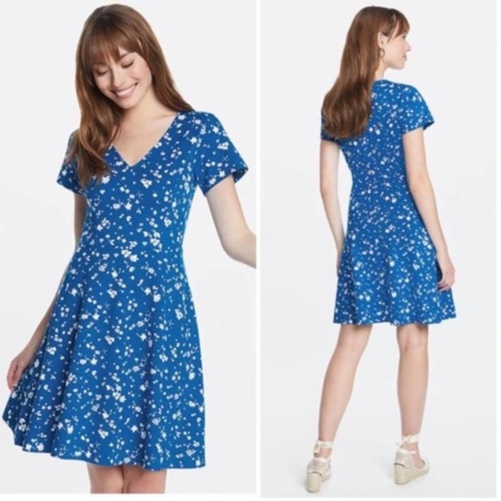 DRAPER JAMES V-Neck Ponte Love Circle Dress Blue Floral {3B1}